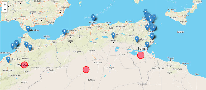display engineering competitions on the map TUNISIA ALGERIA MOROCCO Tunisie clubs robotique, IT and CAD design \